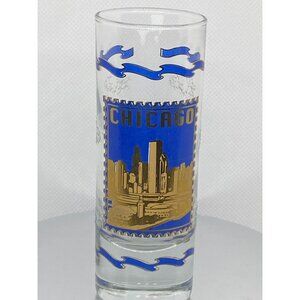 Vintage Tall Chicago Blue And Gold Shot Glass w/ embossed raised pattern clouds